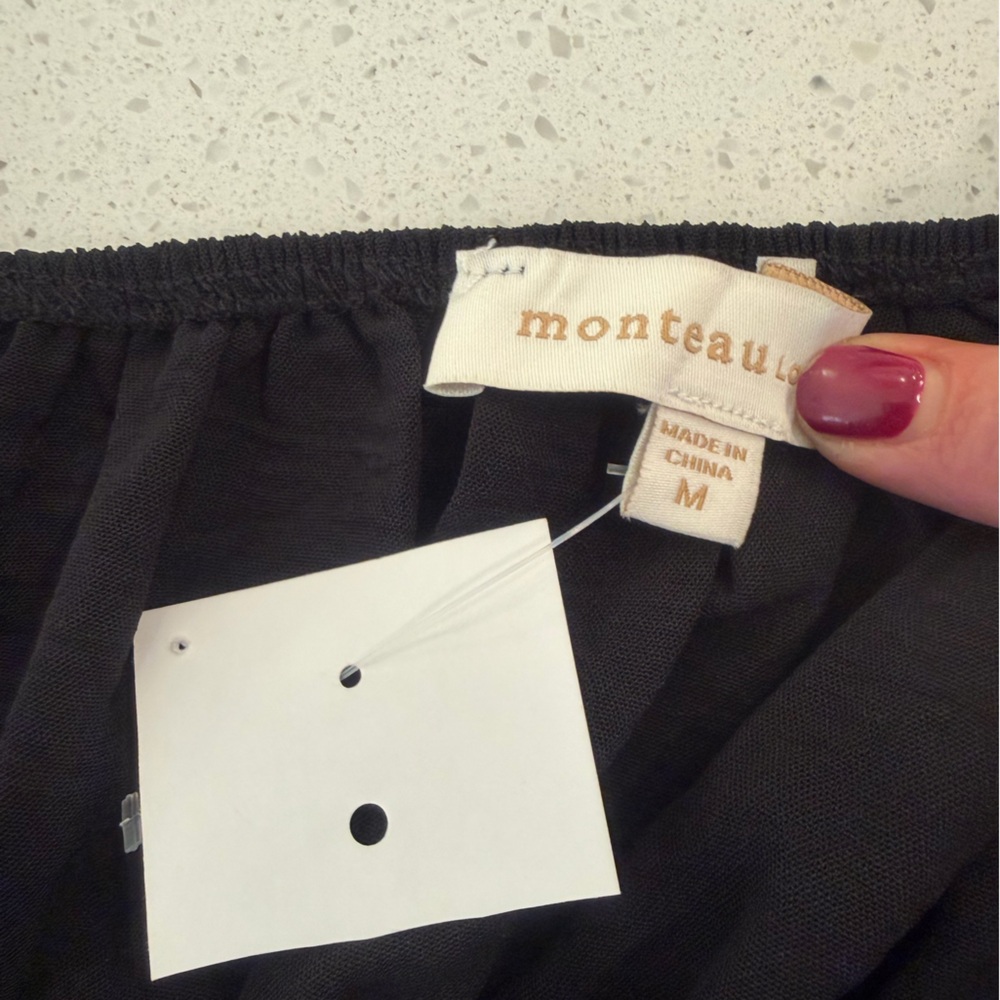 Monteau Black Smocked Waist Jumpsuit With Shoulder Bows NWT! - Picture 7 of 8